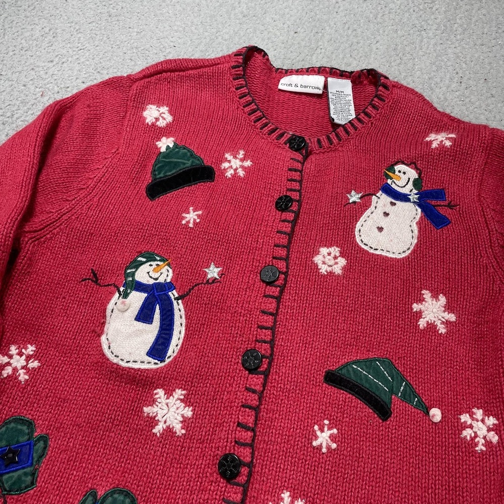 Croft & Barrow Sweater Womens Medium Red Snowman Christmas Cardigan Holiday - Picture 2 of 9